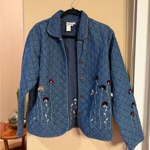 Coldwater Creek Blue Quilted Jean Jacket with Embroidery